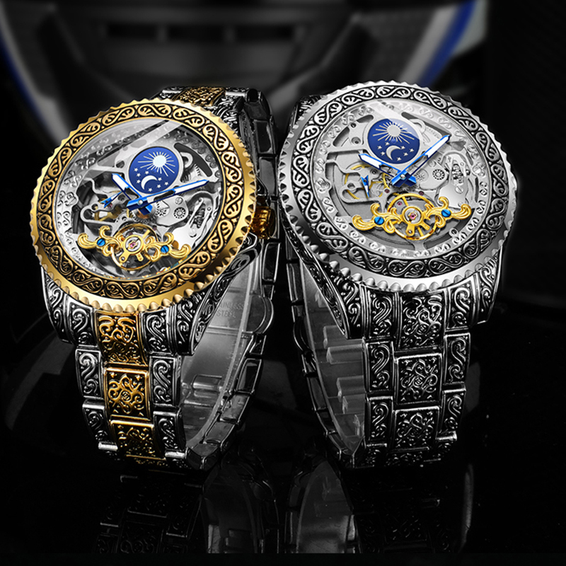 Moonphase Complication Watch - Forsining-デラックス自動機械式腕時計,透明なスケルトン,ステンレス鋼,男性用,moonフェーズ