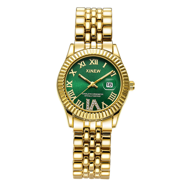 Luxury Watch Green - レディースビッグブランドゴールデン腕時計女性ガールズカジュアル合金バンドシンプルな Dourado 日付クォーツ時計グリーンレロジオ Feminino ファッション