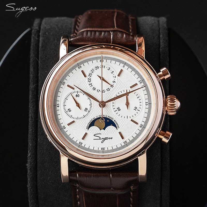 Moonphase Complication Watch - Gestess-男性用機械式時計,オリジナルの移動式クロノグラフ,ヴィンテージのmotonフェーズ,本革バンド,防水,st1908,50atm,st19