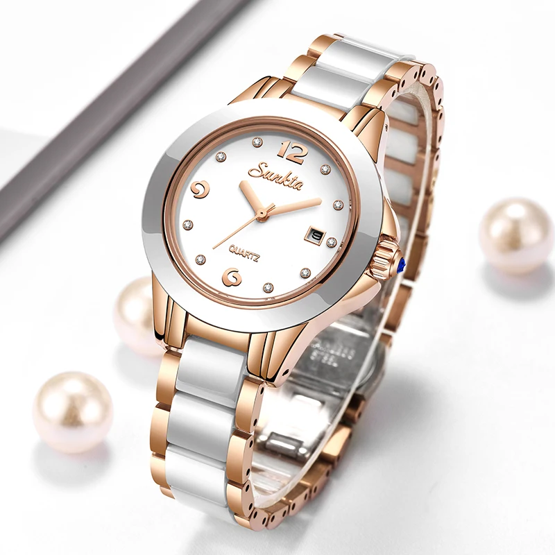 Luxury Watch In Usa - Sunkta ファッションカジュアルクォーツ女性腕時計エレガントな高級セラミックダイヤモンドカレンダー防水レディース女性用腕時計モントレファム