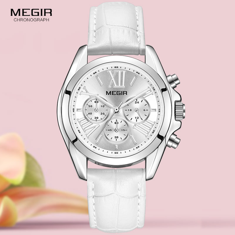 Luxury Watch Index - Megir2019-レディースレザーウォッチ,クロノグラフ付きクォーツ腕時計,ラグジュアリー,ホワイト,ニューコレクション2114