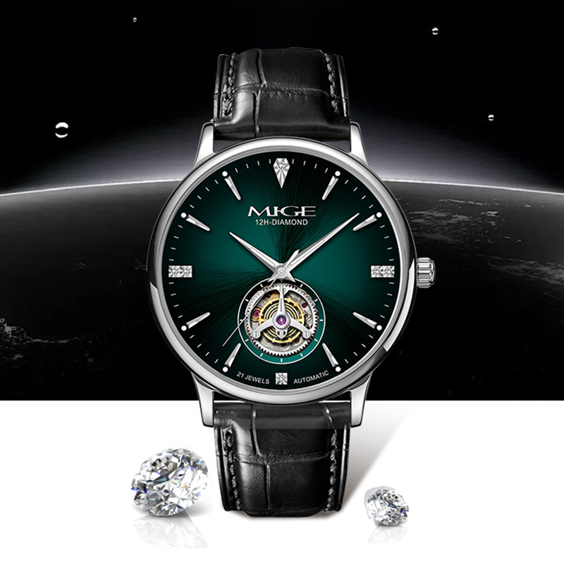Luxury Watch Green Dial - MIGE 薄型メンズオープンハート自動腕時計エメラルドグリーンダイヤル象嵌クリスタルブラックレザーバンド高級紳士機械式腕時計