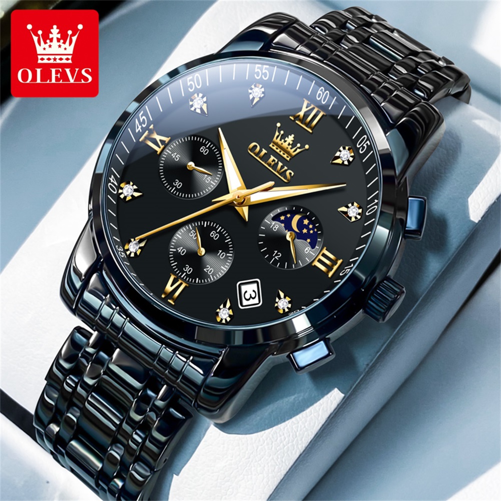 Luxury Watch Life - OLEVS 人気のメンズ腕時計ステンレススチールブラックムーンフェイズクロノグラフクォーツ時計男性日付オリジナルブランド腕時計