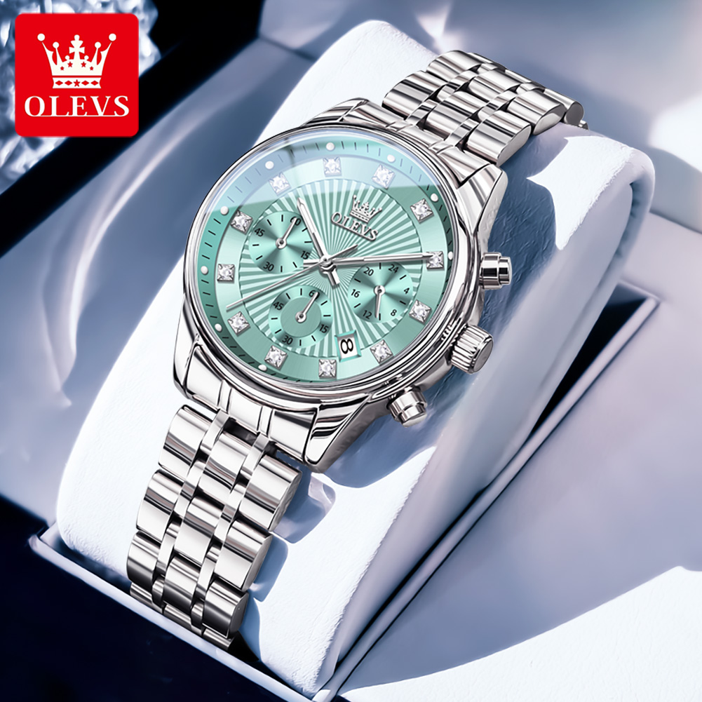 Luxury Watch Green Dial - OLEVS レディース腕時計ファッションレディースクォーツ時計カレンダーグリーンダイヤルステンレス鋼の高級女性腕時計リロイ mujer