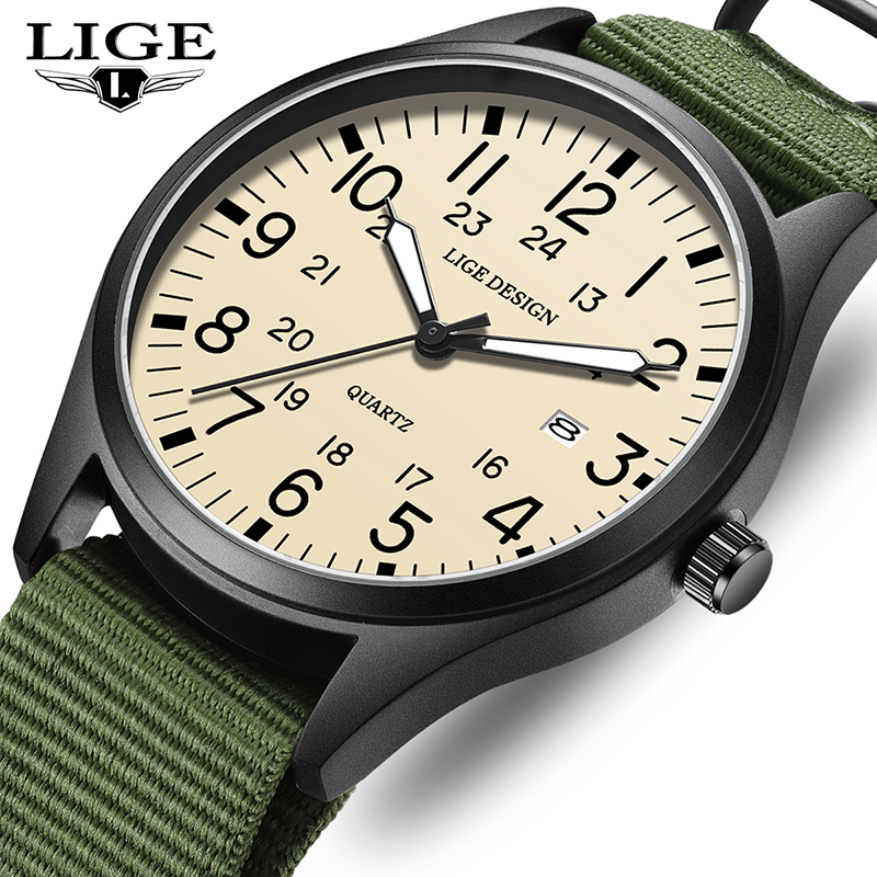 Luxury Watch Green - LIGE 2025 トップ新作クォーツ腕時計 アラビア数字 メンズ腕時計 夜光グリーンナイロン