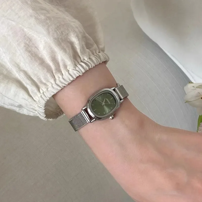 Luxury Watch Green Dial - 小さなオーバルダイヤルグリーン腕時計シンプルなステンレス鋼レディース腕時計ブランドの女性の高級ギフトクォーツ時計ドロップシッピング