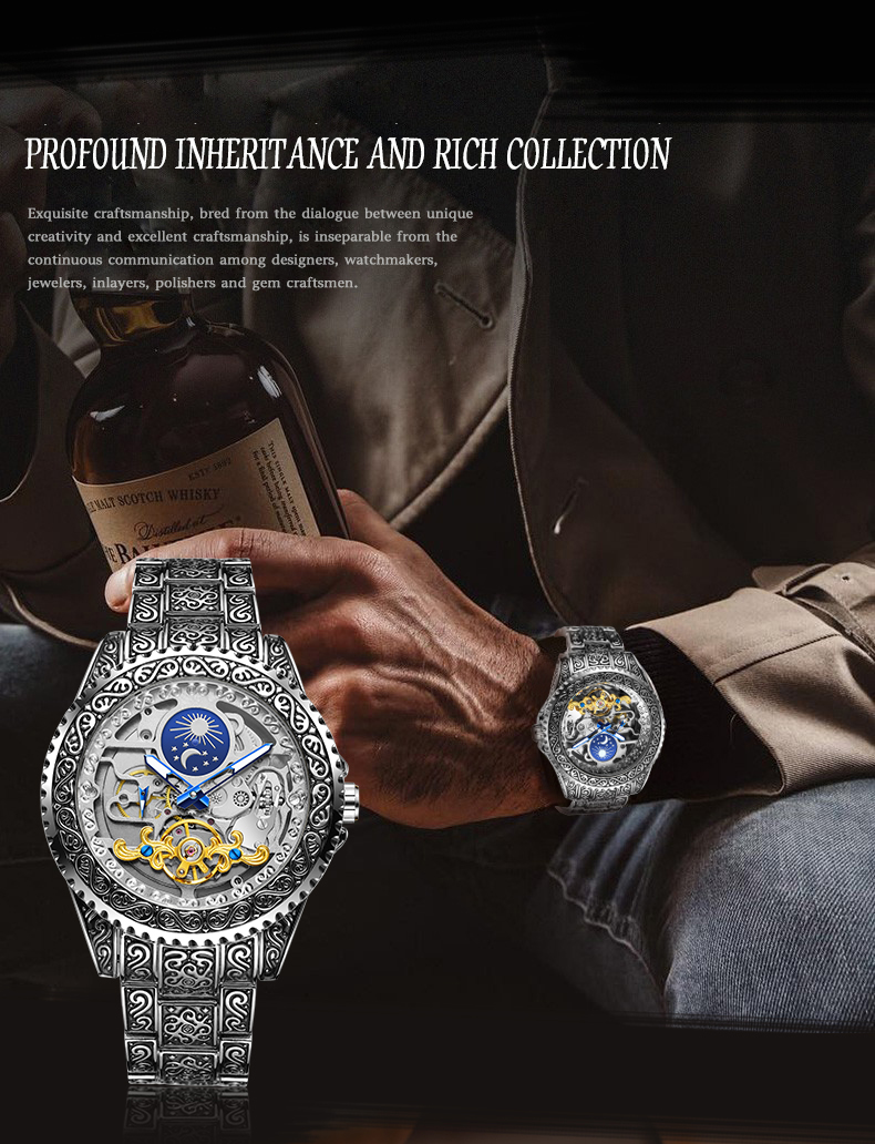 Forsining-デラックス自動機械式腕時計,透明なスケル - Moonphase Complication Watch のレビューと価格