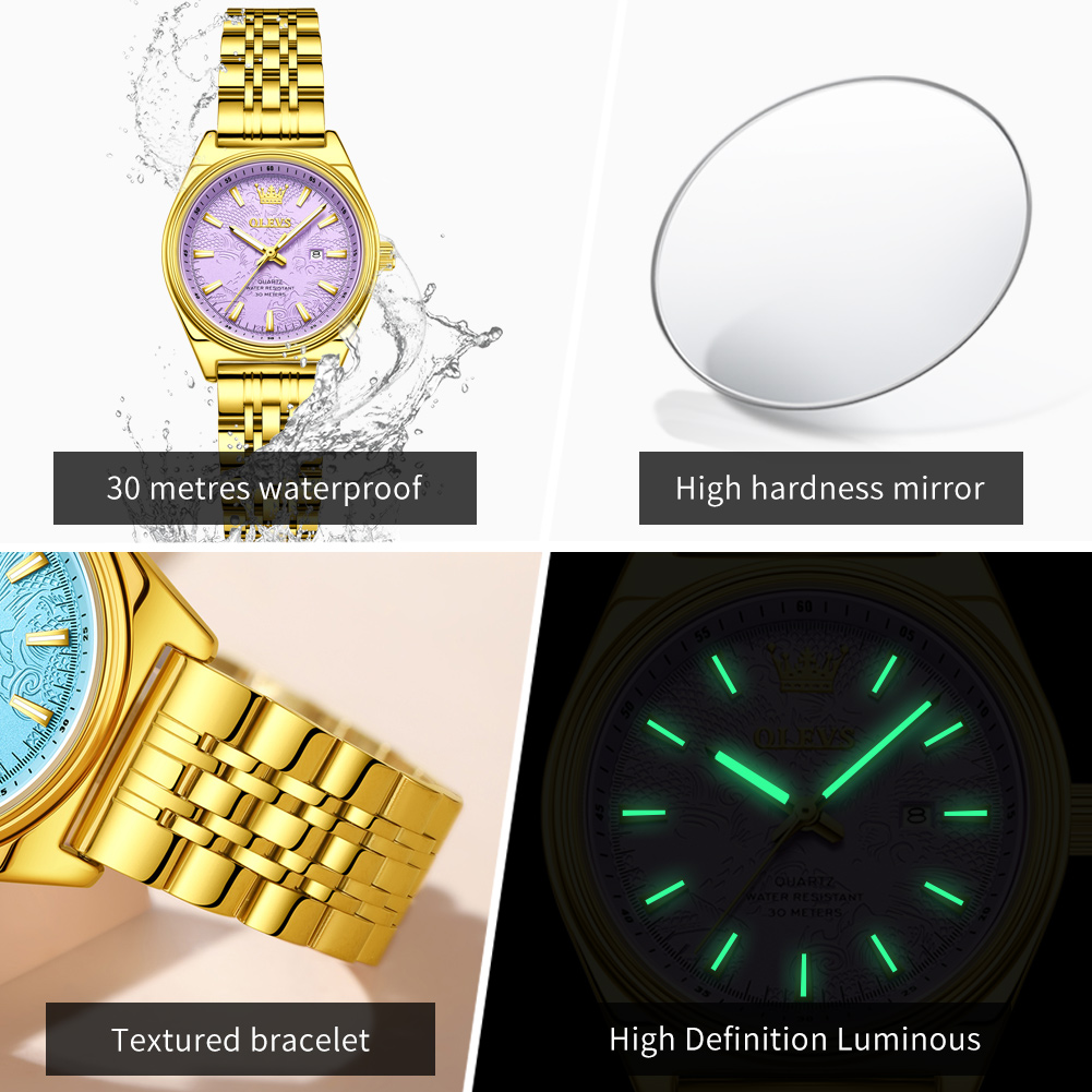 OLEVS ブランドの高級ゴールド腕時計女性用発光防水日付レ - Luxury Watch Green のレビューと価格