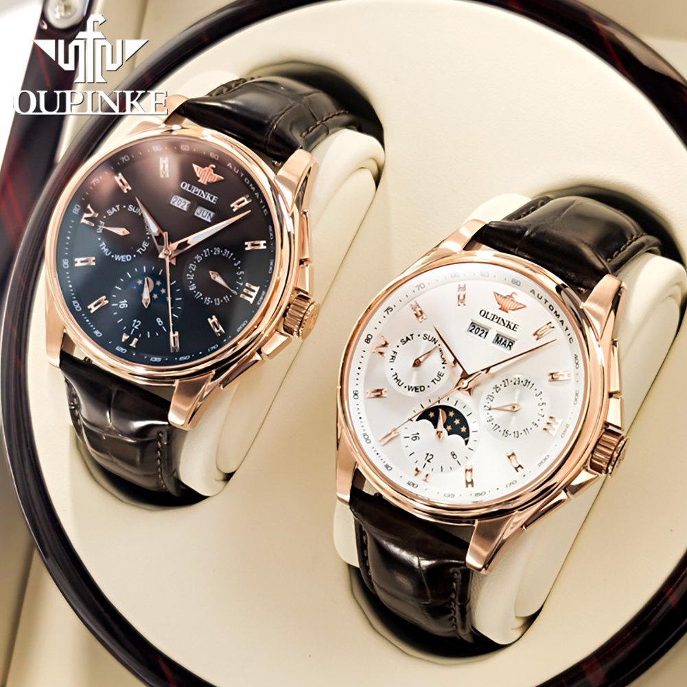 Oupinke-男性用全自動機械式時計、防水ムーンフェイズク - Moonphase Complication Watch のレビューと価格