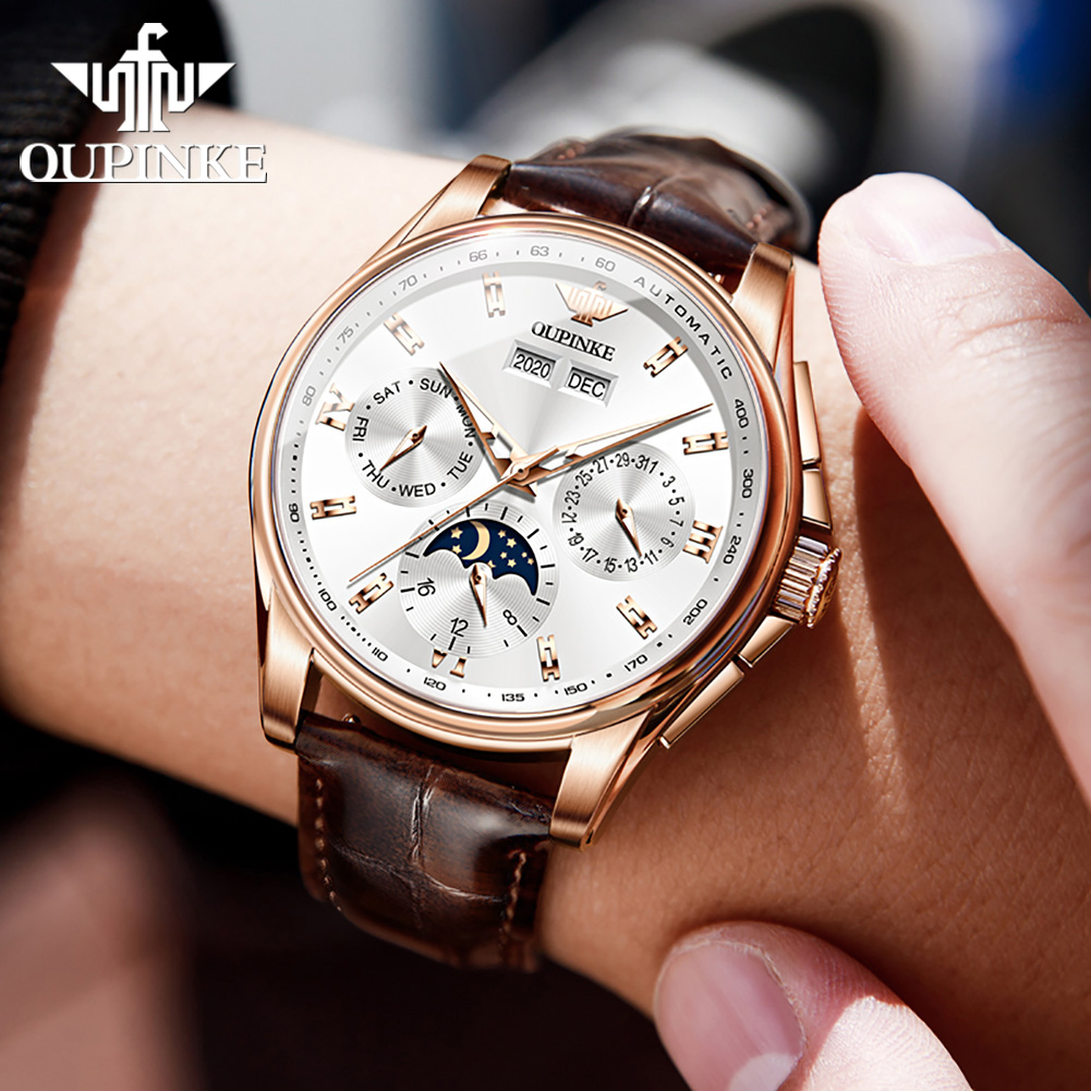 Oupinke-男性用全自動機械式時計、防水ムーンフェイズク - Moonphase Complication Watch のレビューと価格