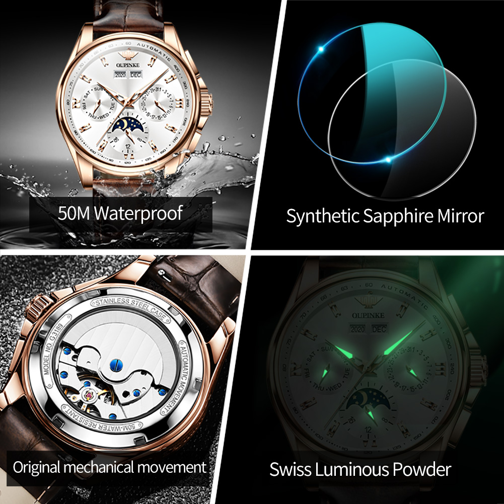 Oupinke-男性用全自動機械式時計、防水ムーンフェイズク - Moonphase Complication Watch のレビューと価格