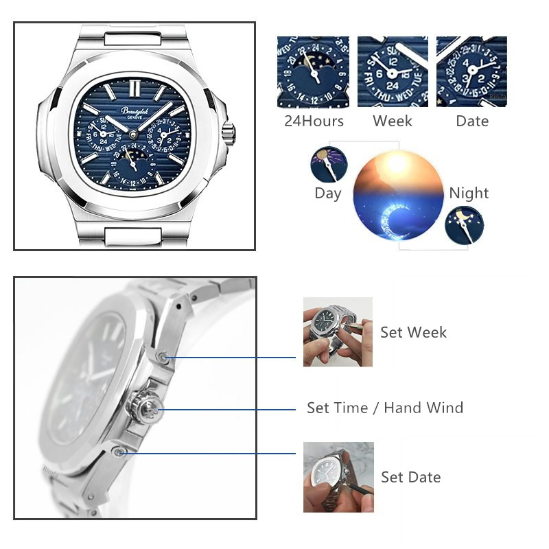 スイス リニファ 多機能自動巻き時計男性用高級ブランド機械式 - Moonphase Complication Watch のレビューと価格