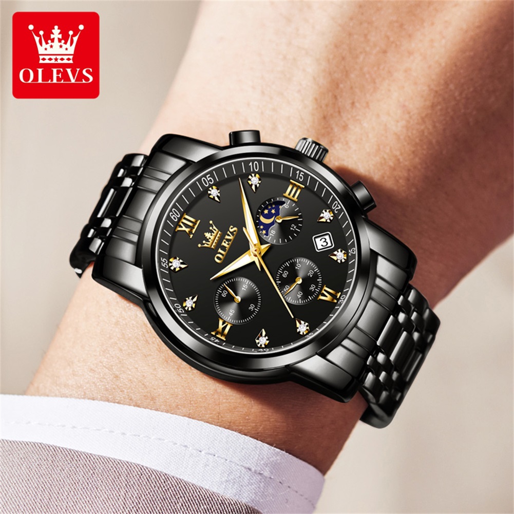 OLEVS 人気のメンズ腕時計ステンレススチールブラックムー - Luxury Watch Life のレビューと価格
