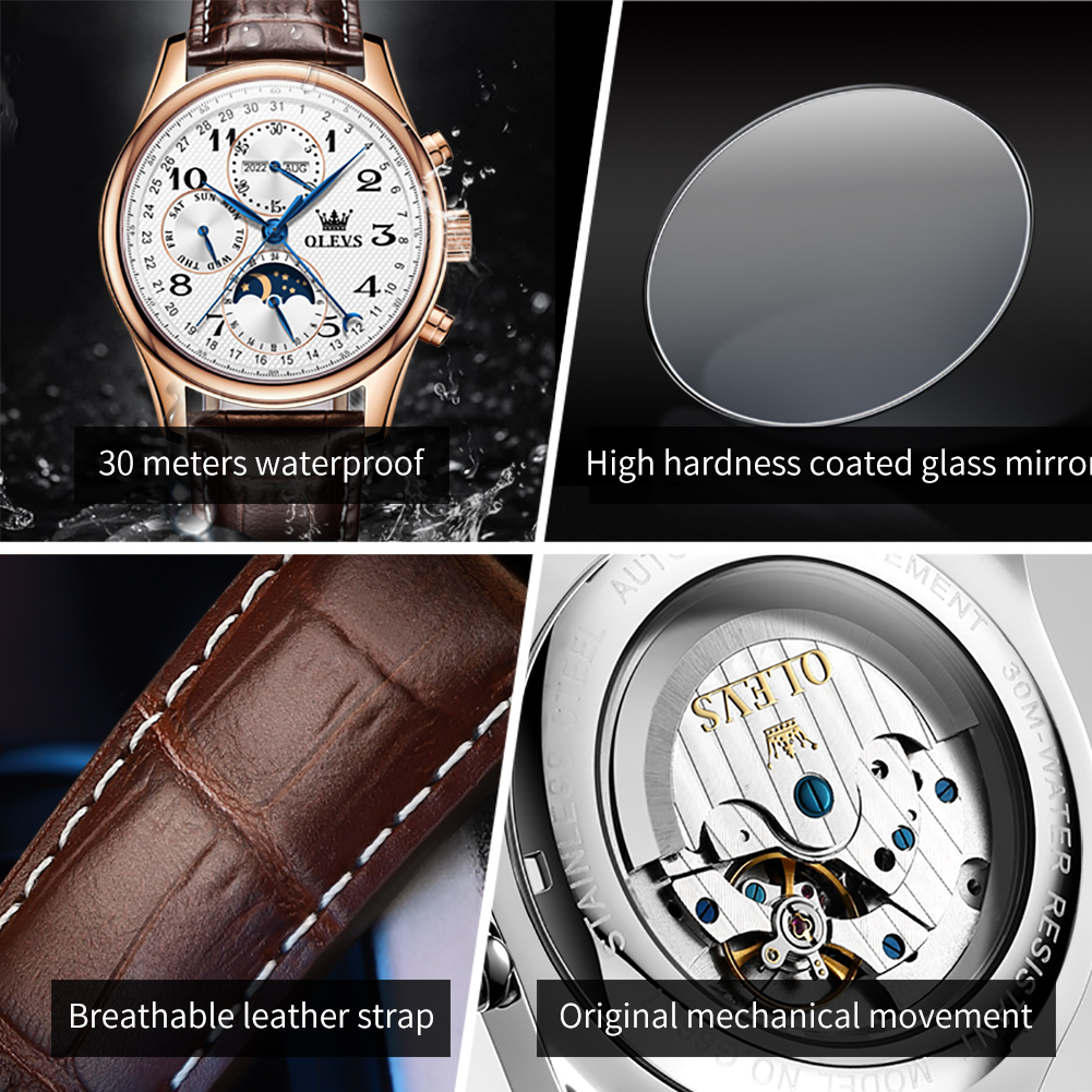 OLEVS 6667 高級オリジナルメンズ機械式腕時計ブラン - Moonphase Complication Watch のレビューと価格